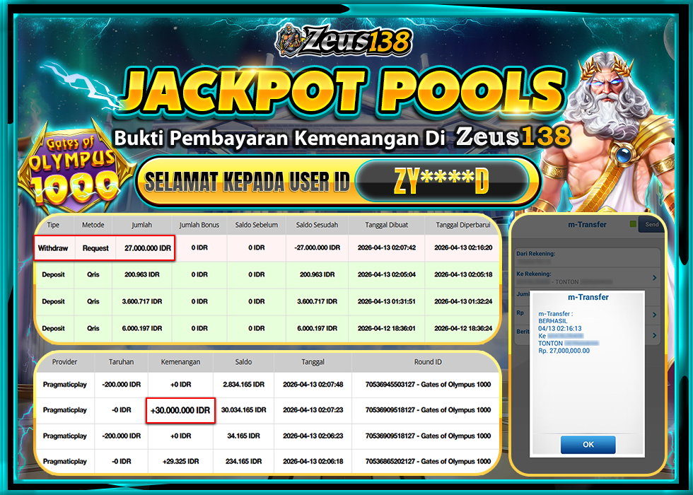 ZEUS138 GATES OF OLYMPUS 1000 Rp.27,000,000 LUNAS